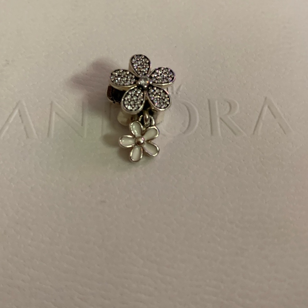 Silver Pandora flowers charm with white enamel and pave